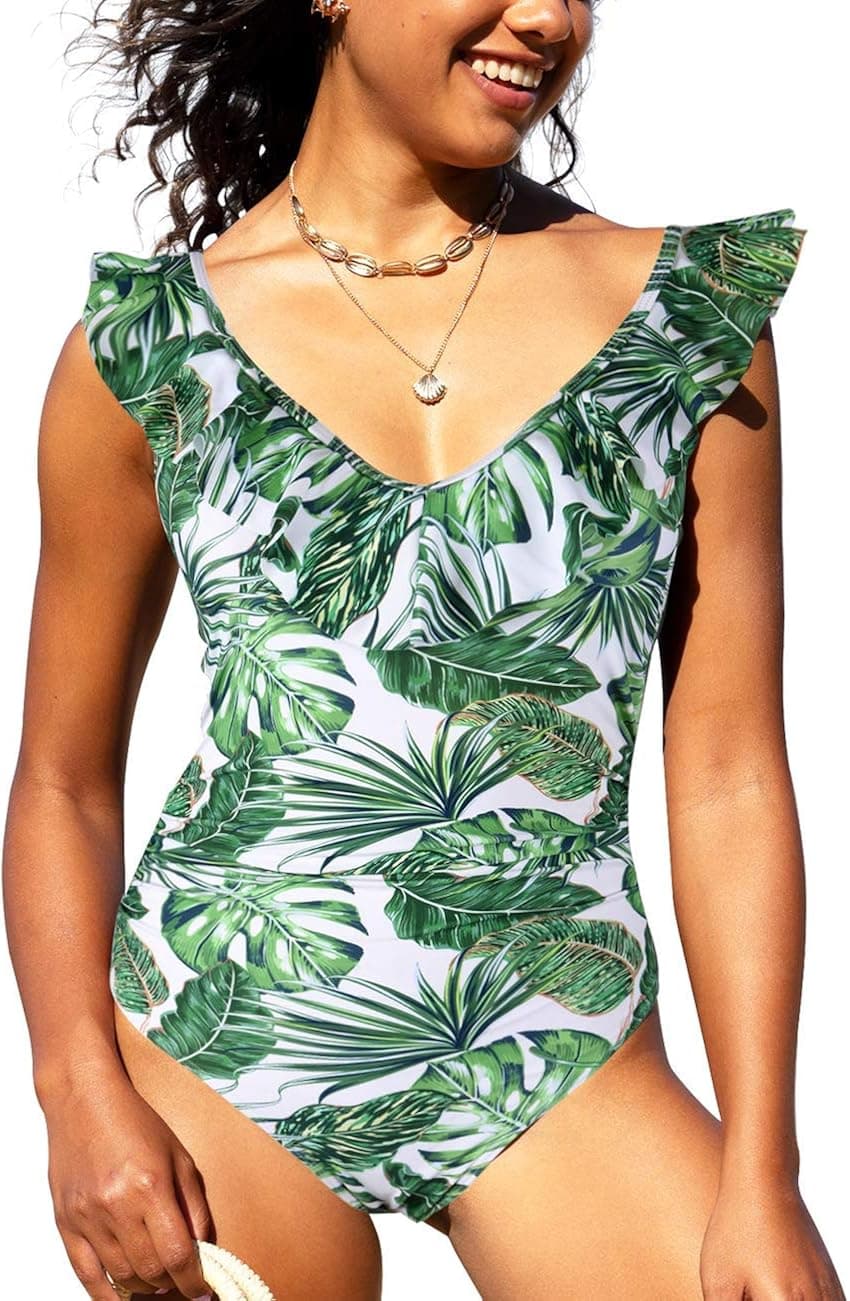 Hilor Women's One Piece Swimsuits V Neck Ruffled Swimwear Shirred Monokini Bathing Suit Tummy Control