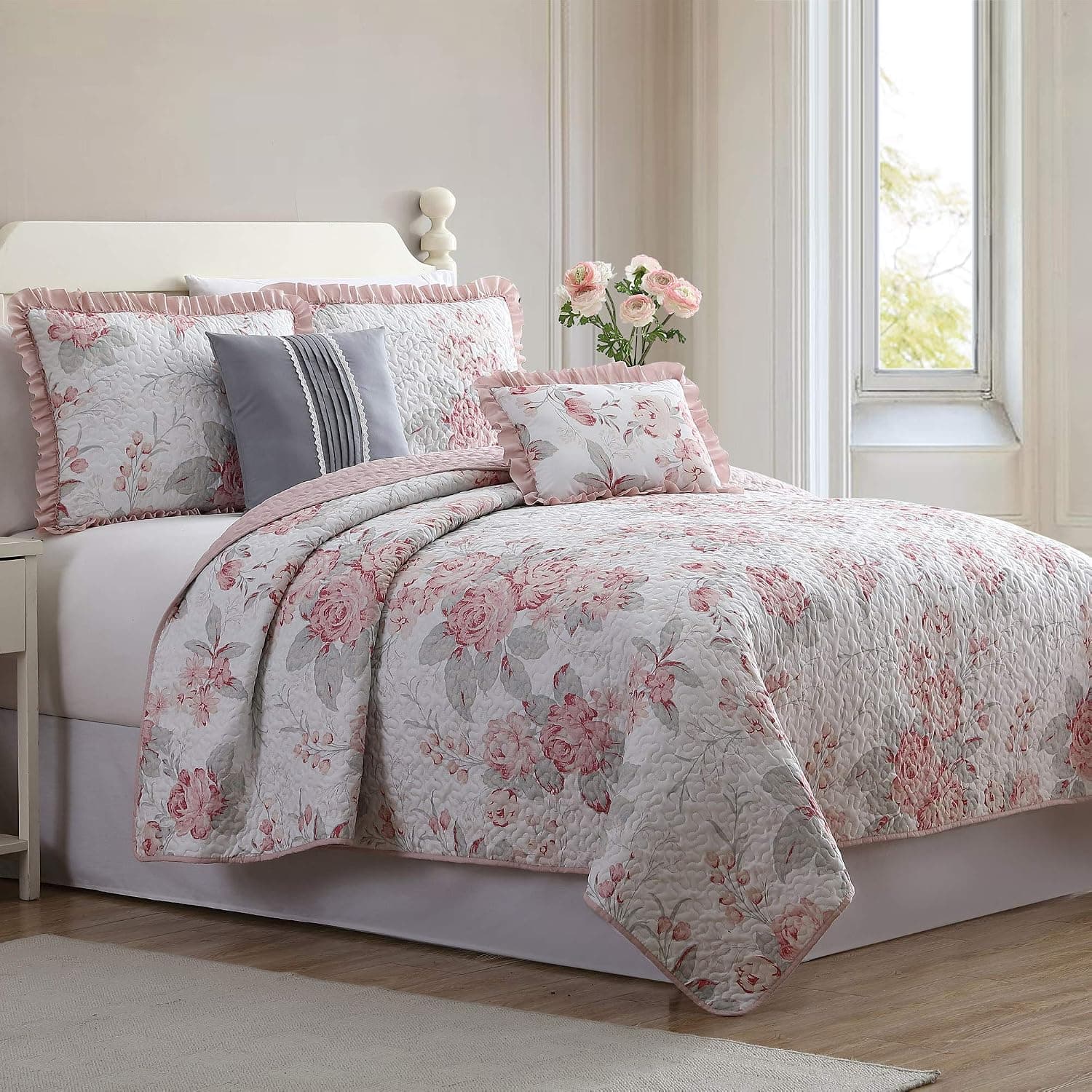 Amrapur Overseas Rosanna 5-Piece Reversible Quilted Coverlet Set, Blush/White, Full/Queen