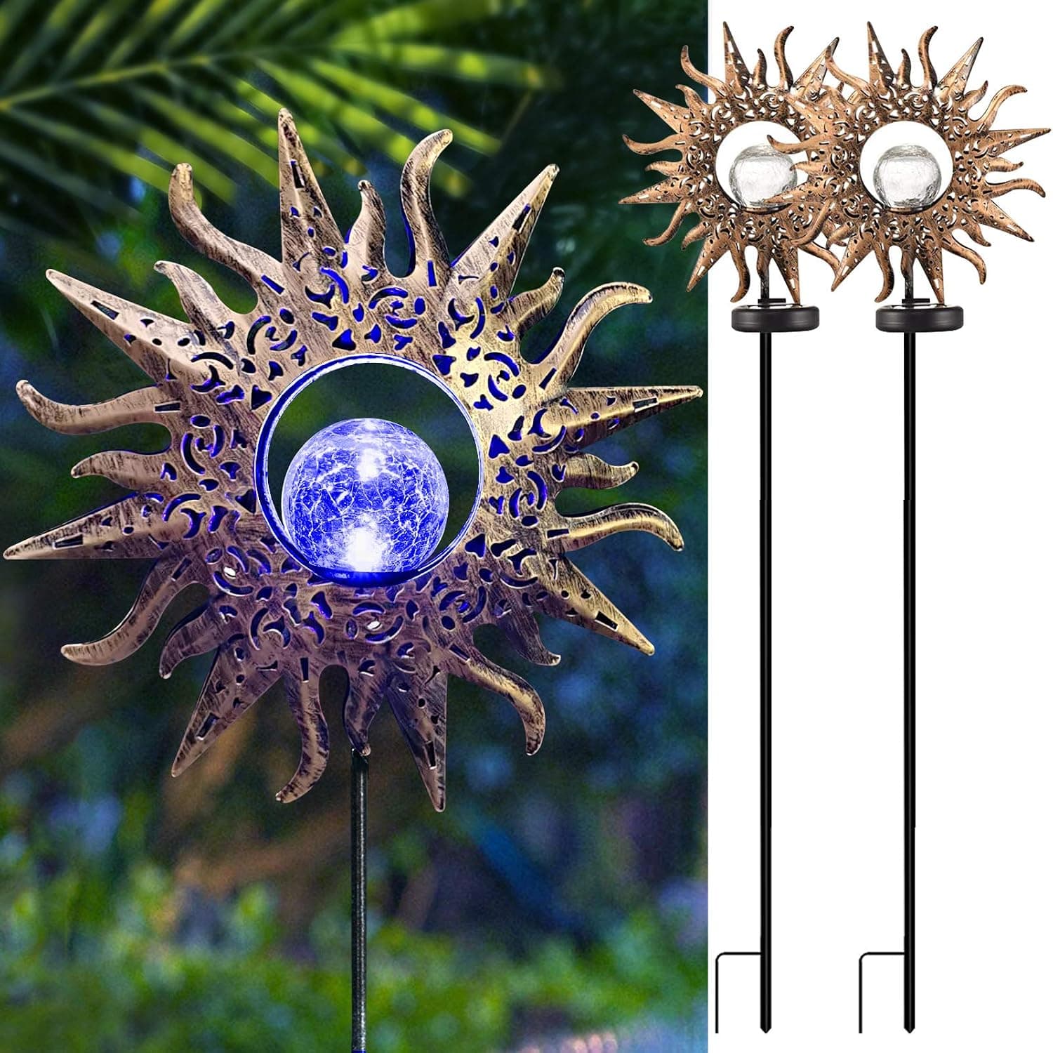 EOYIZW 2 Pack Purple Solar Lights Outdoor, Metal Sun Solar Garden Lights Waterproof Garden Decorative for Lights Pathway, Lawn, Patio, Yard