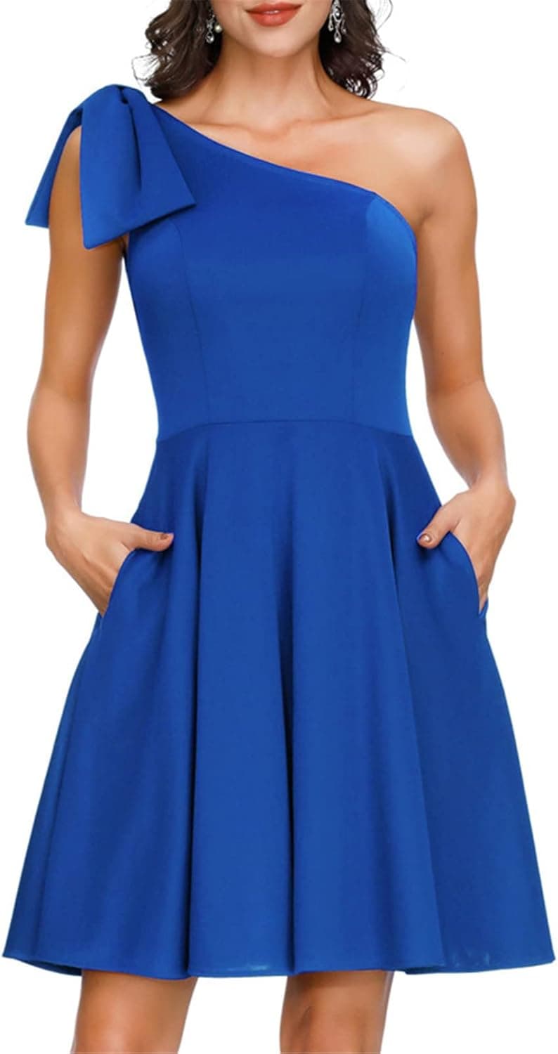 JASAMBAC Women's Bow One Shoulder Dress with Pockets A-line Cocktail Party Dress