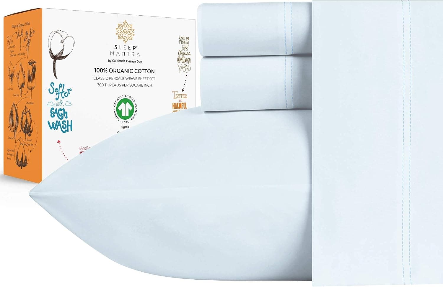 Sleep Mantra 100% Organic Cotton Bed Sheet Set - Crisp and Cooling Percale Weave, Soft Breathable, Eco-Friendly, 3 Piece Bedding Set, Deep Pocket with All-Around Elastic, (Twin, Blue)