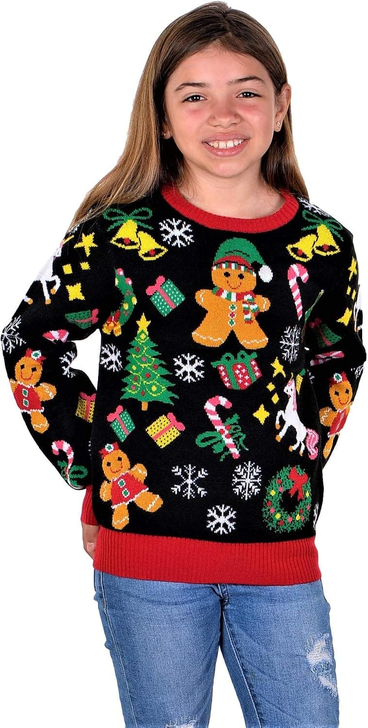 SoCal Look Girls Ugly Christmas Sweater Gingerbread Unicorn 11/12Y Black