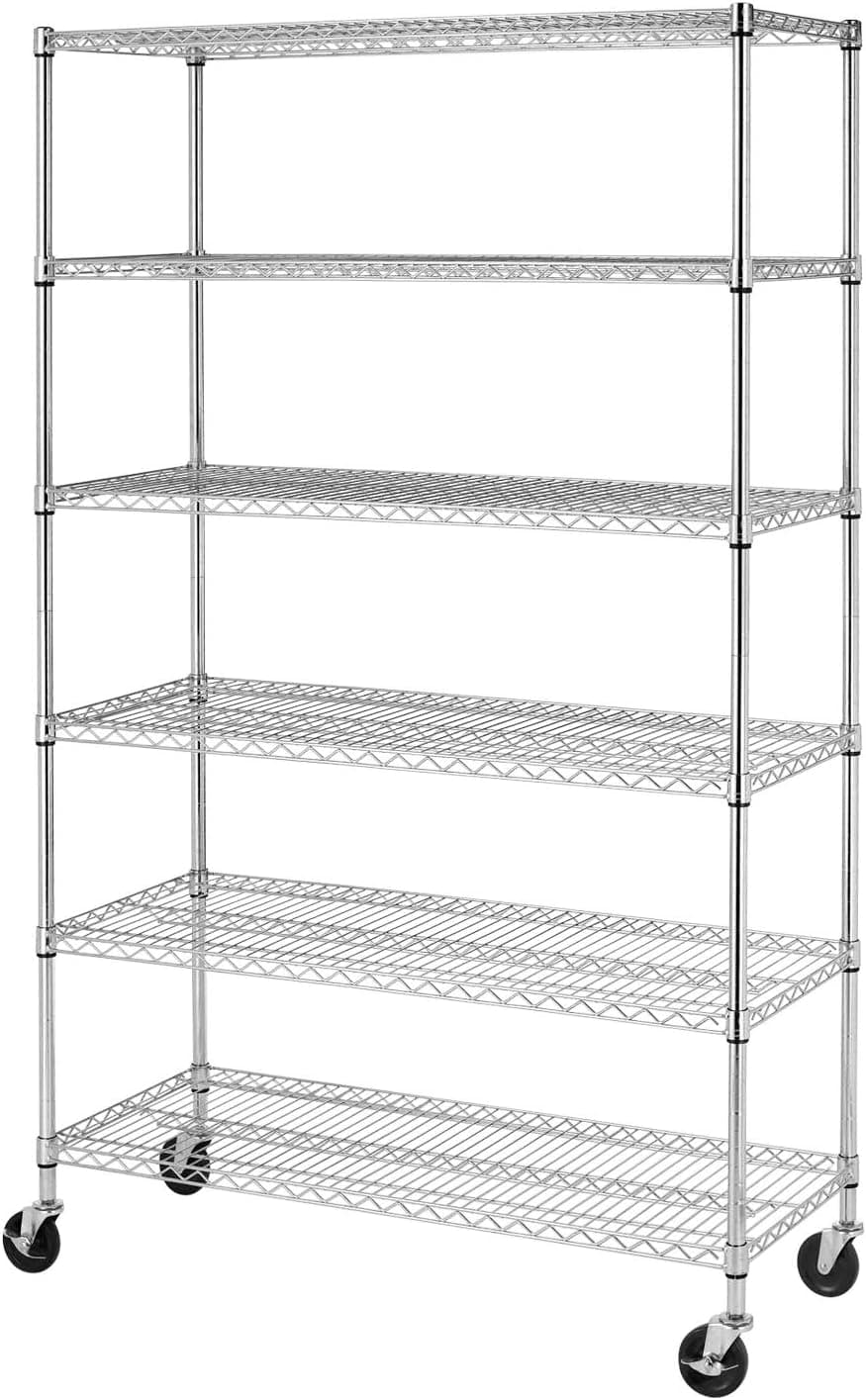 BestMassage Wire Shelving Unit Heavy Duty Garage Storage Shelves Large Metal Shelf Organizer 6-Tier Height Adjustable Commercial Grade Utility Steel Storage Rack with Wheels,18 x 48 x 72 (Chrome)