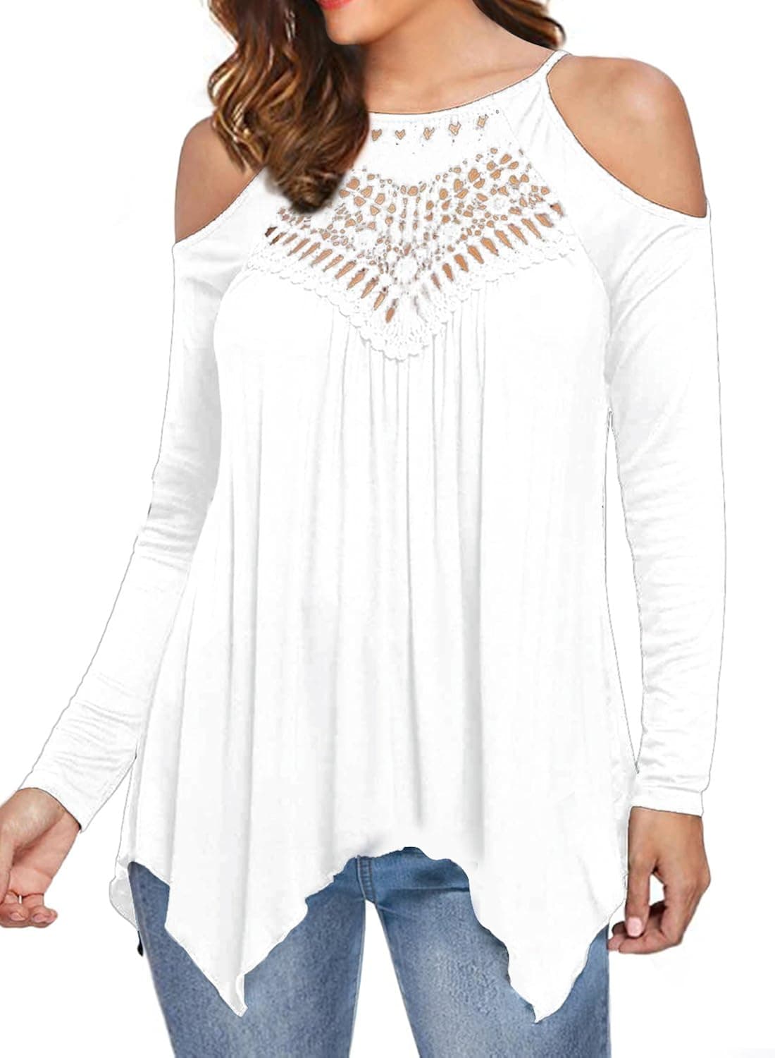 MIHOLL Women's Casual Tops Lace Off Shoulder Long Sleeve Loose Blouse Shirts