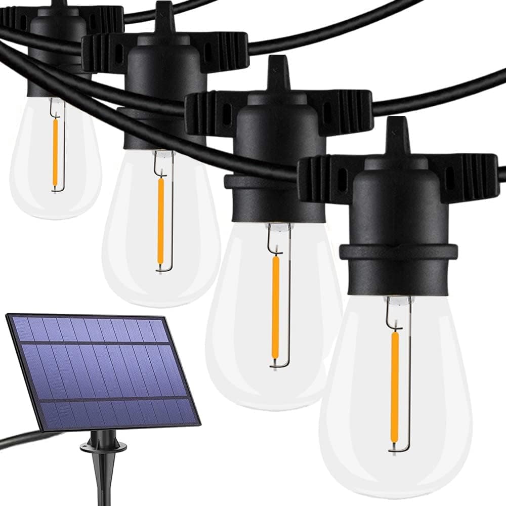 FMART 24FT Solar String Lights, LED Solar Cafe Patio Lights, Porch Market Light Waterproof & Shatterproof with Vintage Plastic Bulbs, Create Cafe Ambience On Your Garden