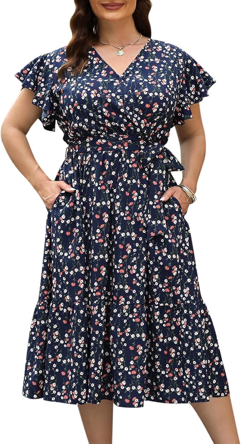 Celkuser Womens Plus Size Summer Short Sleeve V Neck Boho Casual Floral Midi Dress with Pockets CEL134
