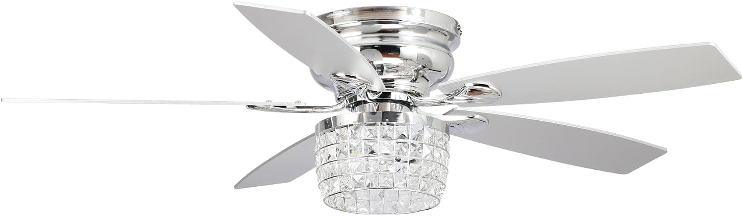 Parrot Uncle Ceiling Fans with Lights and Remote Modern Low Profile Ceiling Fan with Light Flush Mount Crystal Chandelier Fans, 52 Inch, Chrome