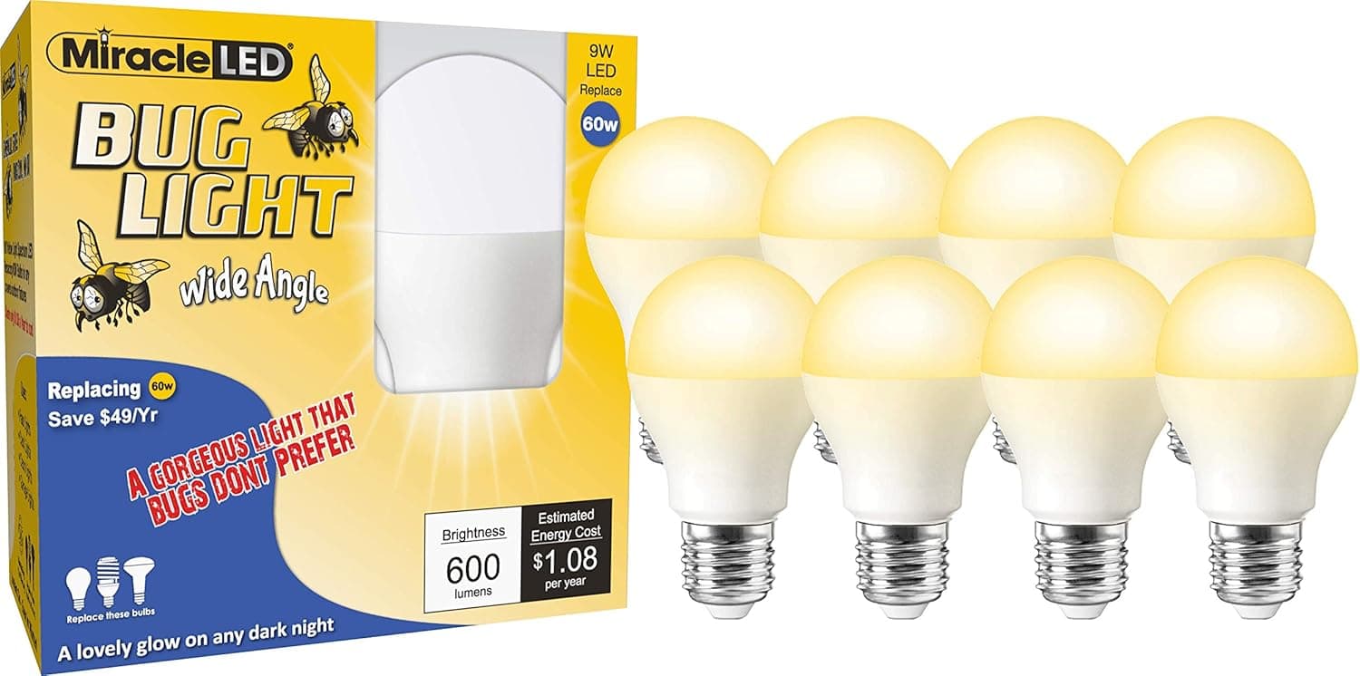 Miracle LED Wide Angle Yellow Bug Light - Replaces 60W - A19 Outdoor Bulb for Porch and Patio - 8 Pack (604999)