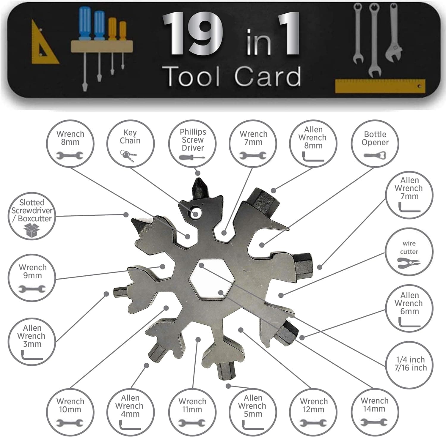 Bascuda® Snowflake Multi Tool 19 in 1 Outdoor Wallet Gadget Multitool Keyring Tool and Pocket Kit - EDC Gear | Camping Accessories | Stainless Steel Multitools | Tools for Men (Snowflake 19-in-1)
