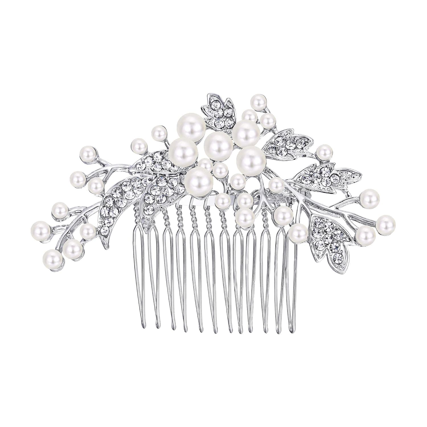 EVER FAITH Wedding Hair Accessories Austrian Crystal Cream Simulated Pearl Floral Leaf Branch Bridal Hair Comb Clear Silver-Tone