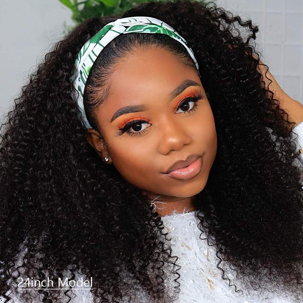 Headband Wig Curly Human Hair Wigs for Black Women 150% Density None Lace Front Wigs Human Hair Scarf No Gel Gluelees Remy Hair Machine Made Kinky Curly Headband Wigs 18inch