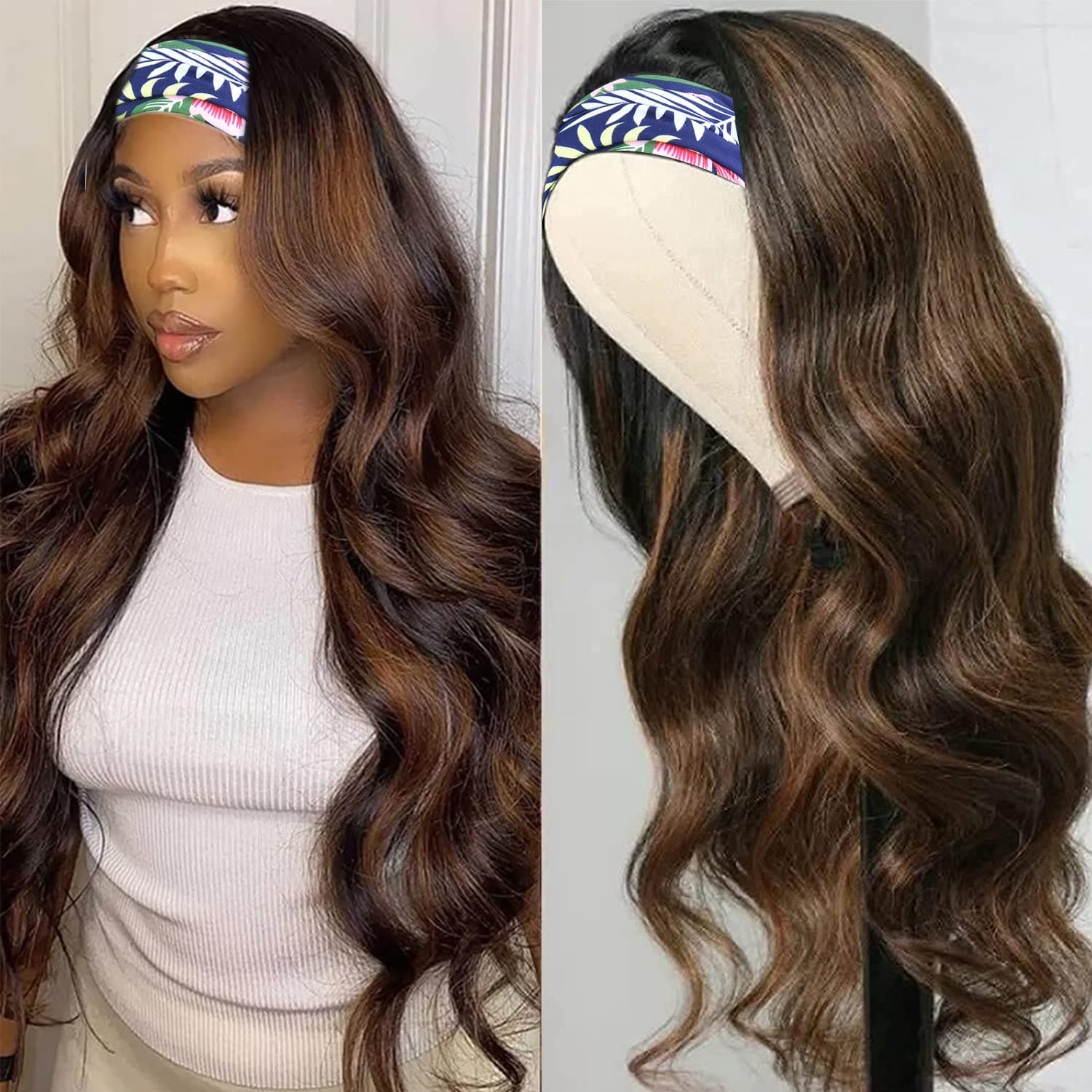 Tgezer Headband Wigs for Women Synthetic Natural Long Headband Wig with Headband Attached 22inch Machine Made Glueless None Lace Front Wigs 180% Density (BODY WAVE-HL6/3027)