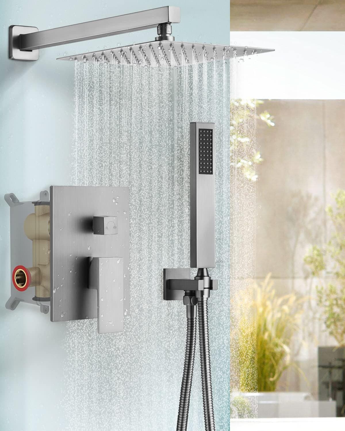 Shower System Shower Faucet Set - Rain Shower Head with Handheld Spray Wall Mounted Bathroom Rainfall Overhead Shower System Shower Set Combo Shower Valve Trim Kit Brushed Nickel Shower Fixtures