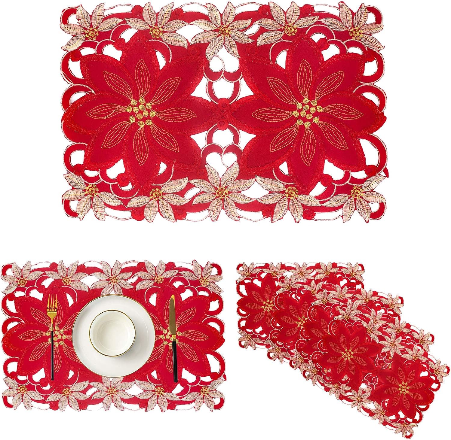 Christmas Holidays Placemats Set of 6, Embroidered Table Place Mats for Home Kitchen Dining Table Linens Decoration (Poinsettia)