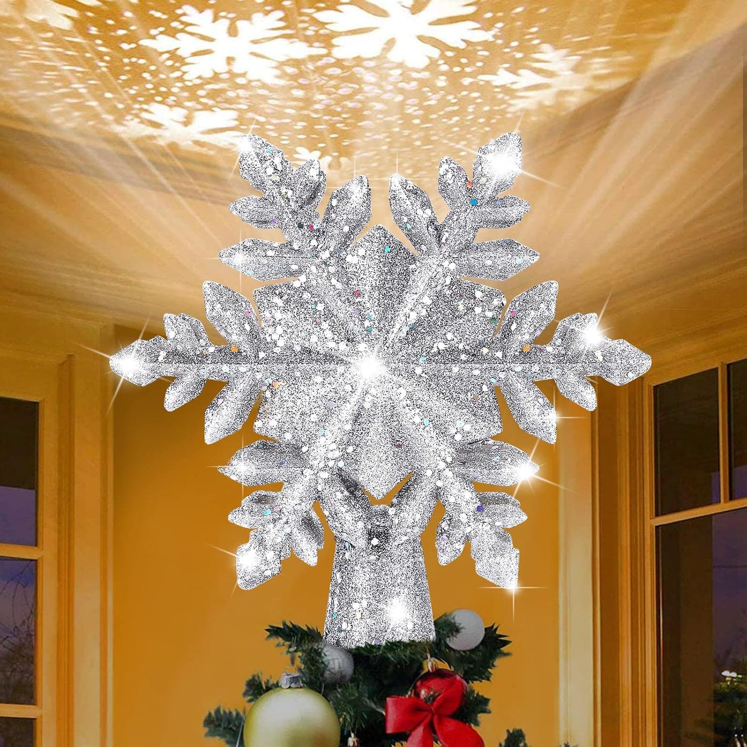 Christmas Tree Topper, AGPTEK Tree Topper with 3D Rotating LED Star Snowflake Projector, Lighted Christmas Tree Topper Gold Glittered for Indoor and Outdoor Christmas Tree Decor