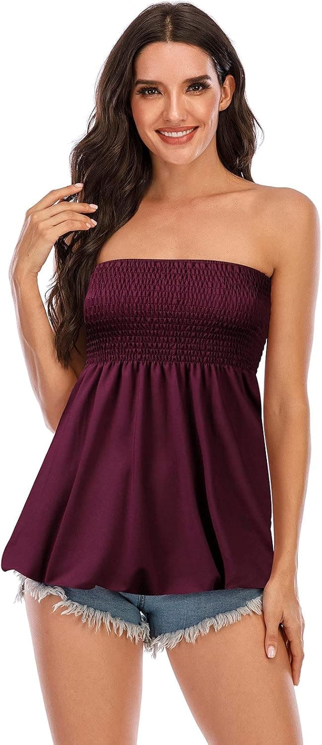YYW Women's Sleeveless Tunic Blouse Strapless Stretchy Pleated Casual Tank Tube Top