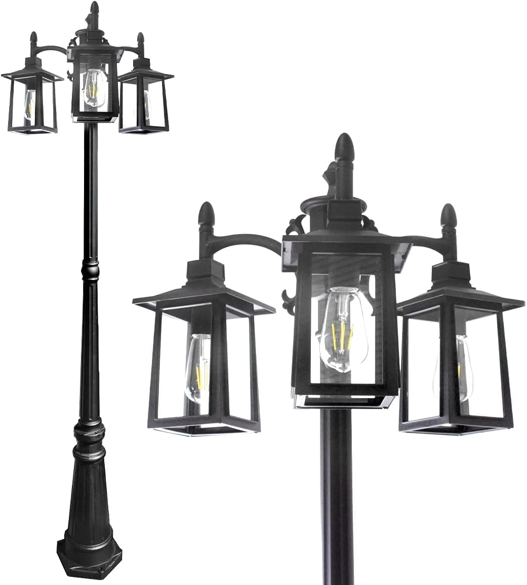 ZJOJO Outdoor Post Light, Triple-Head LED Street Light, 2700K, 1100lumens, Vintage Clear Glass Shade Lamp Lights Fixture for Garden Backyard Patio Walkway, Black-8099