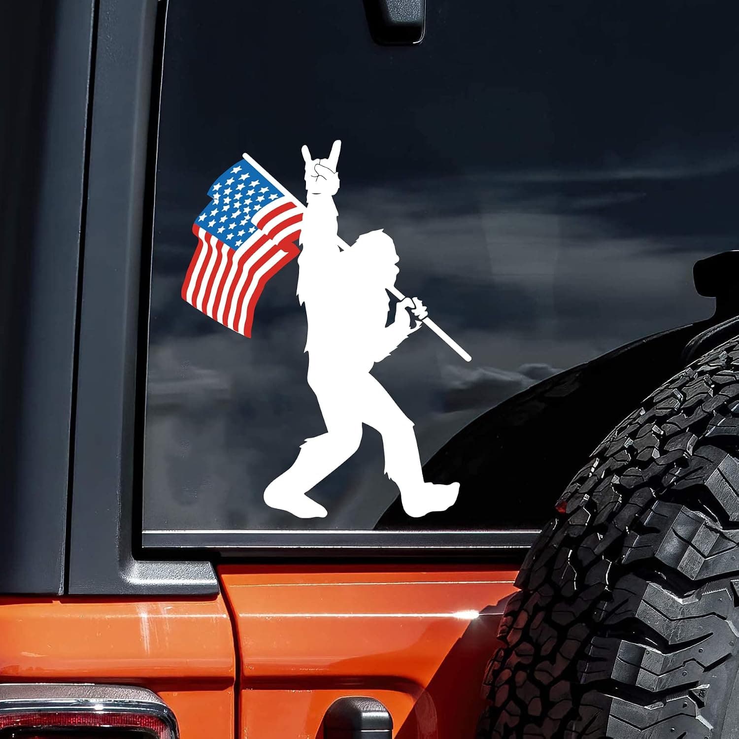 WSQ Sasquatch Bigfoot Rock On American Flag Vinyl Decal Sticker Premium Quality Vinyl Size 5-inch for Car Bumper Truck Van SUV Window Wall Boat Cup Tumblers Laptop or Any Smooth Surface