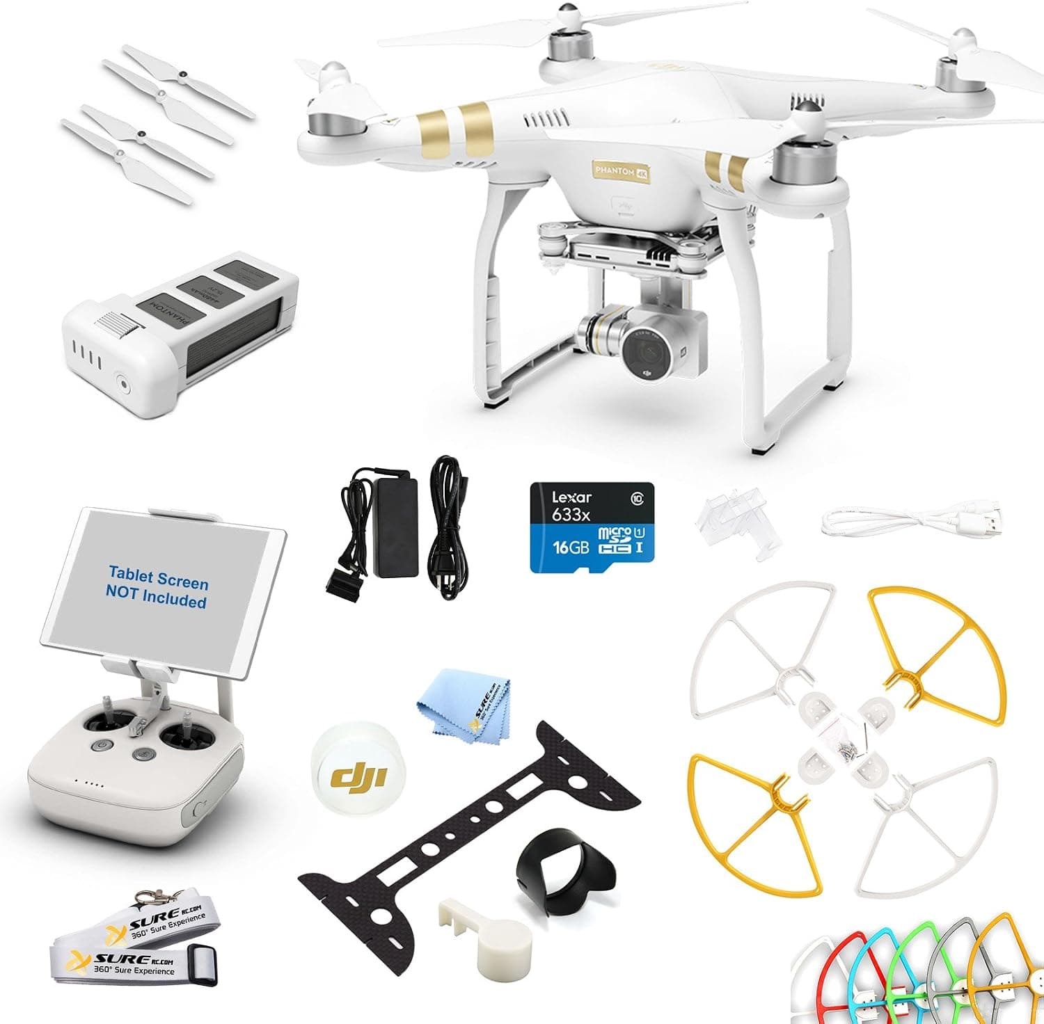 DJI Phantom 3 4K Drone Quad Copter W/ 4K Video Camera Gimbal and Starter KIT: Snap on Prop Guards, Gimbal Protector, Neck Strap, Lens Hood and More