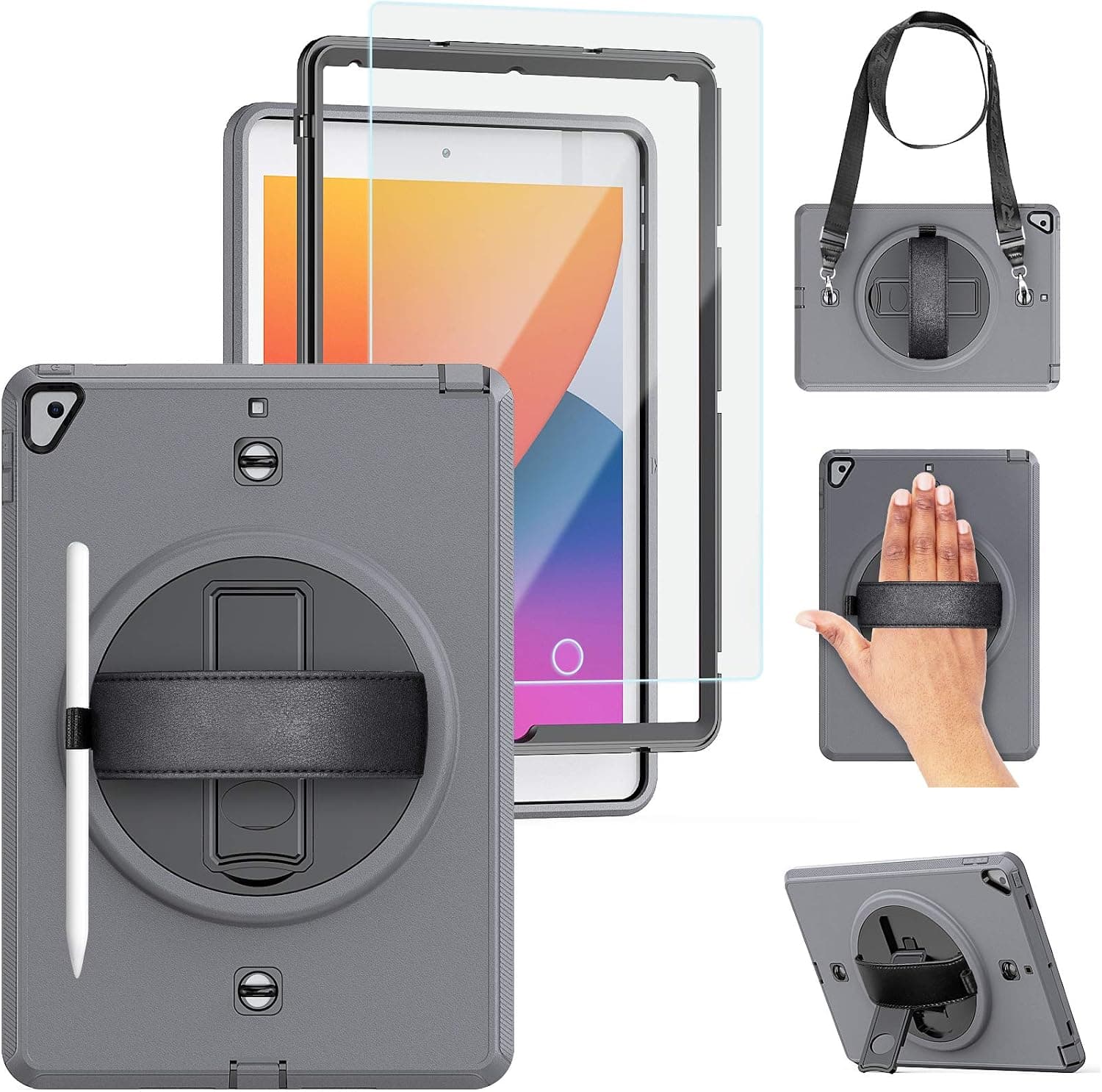 TSQQST iPad Case 9th 8th 7th Generation w/Pencil Holder&Glass Screen Protector 2021/2020/2019 | Business iPad 10.2 Inch Case 9th 8th 7th Gen w/ 360 Rotating Stand Hand Strap Shoulder Strap-Grey