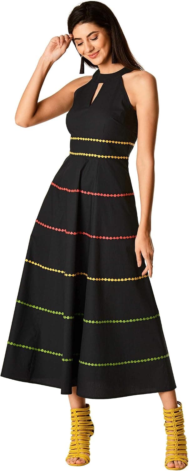 eShakti FX Embellished Tier Stretch poplin Dress- Customizable Neckline, Sleeve & Length