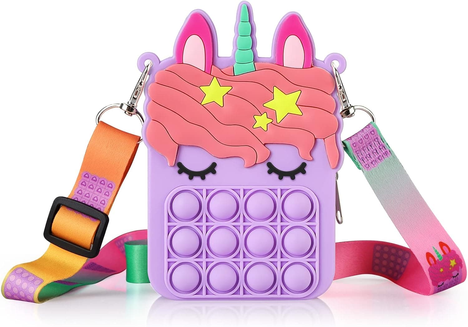 ATESSON Pop Shoulder Bag for Girls and Women, Mini Pop Purse Bags, Lovely Sensory Silicone Cartoon Bag Toy for Students Kids (Purple)