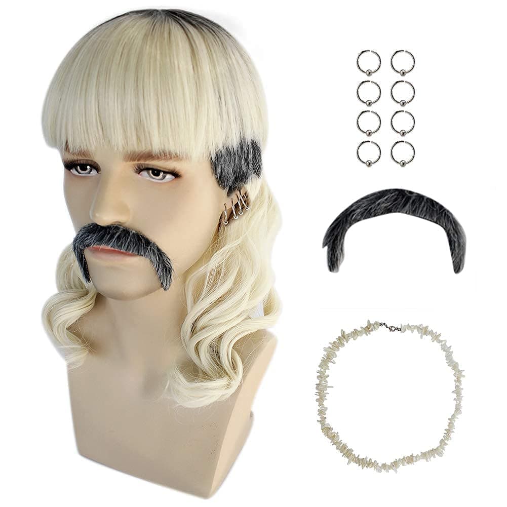 IMEYLE Wig（8Earrings-Mustache-1Necklace） Blonde Ombre Black Cosplay Wig for Men Long Curly Wigs With Bangs for Halloween Costume Party Synthetic Wig for Game