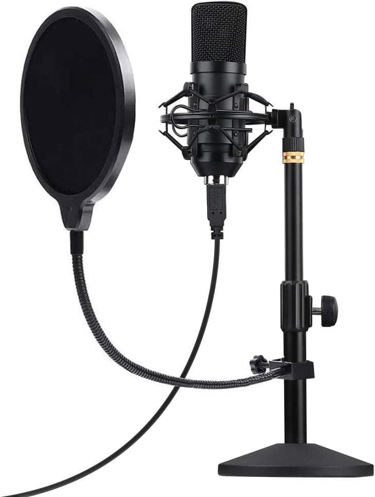 USB Condenser Microphone Kit PC Computer Podcast Streaming Cardioid Mic Plug & Play with USB/Pop Filter/Round Base Stand/Shock Mount for Computer YouTube Gaming Sound Recording