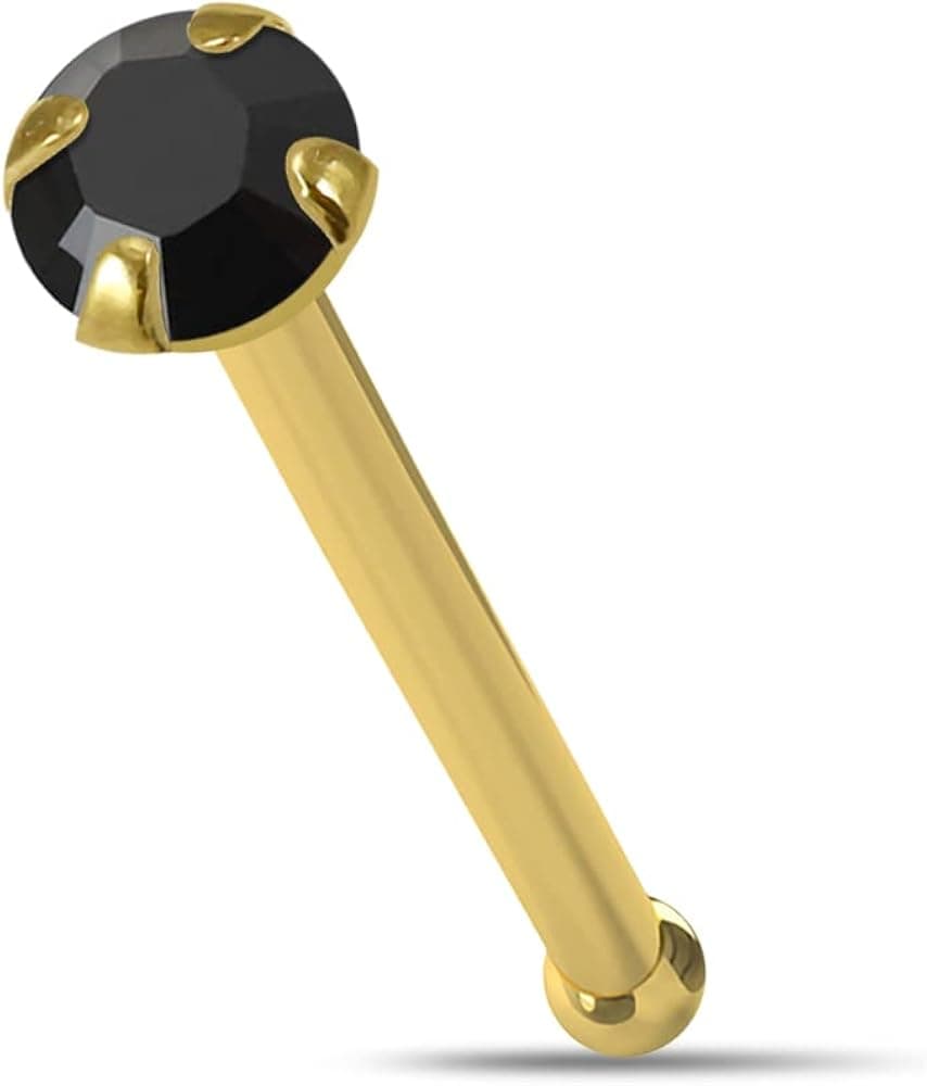 PiercingPoint Black Genuine Crystal Stone 9ct Solid Yellow Gold 22 Gauge - 6MM Length Nose Bone Nose Stud