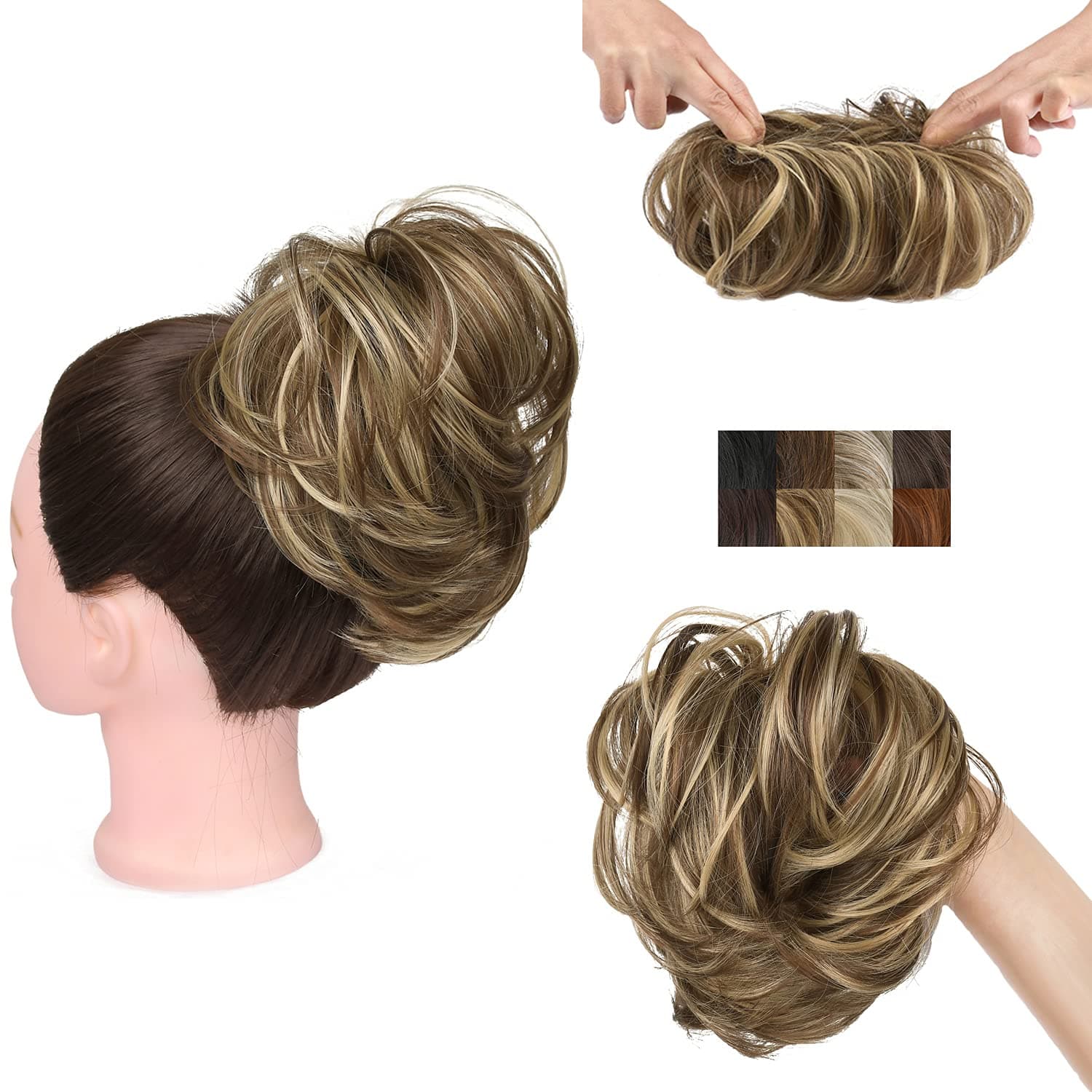 GIRLSHOW Tousled Donut Updo Hair Scrunchies Synthetic Straight Elastic Hair Bun Extensions Hairpieces for Women Girls (Ash Blonde & Medium Golden Brown Mixed -#60, 1.41 Ounce)
