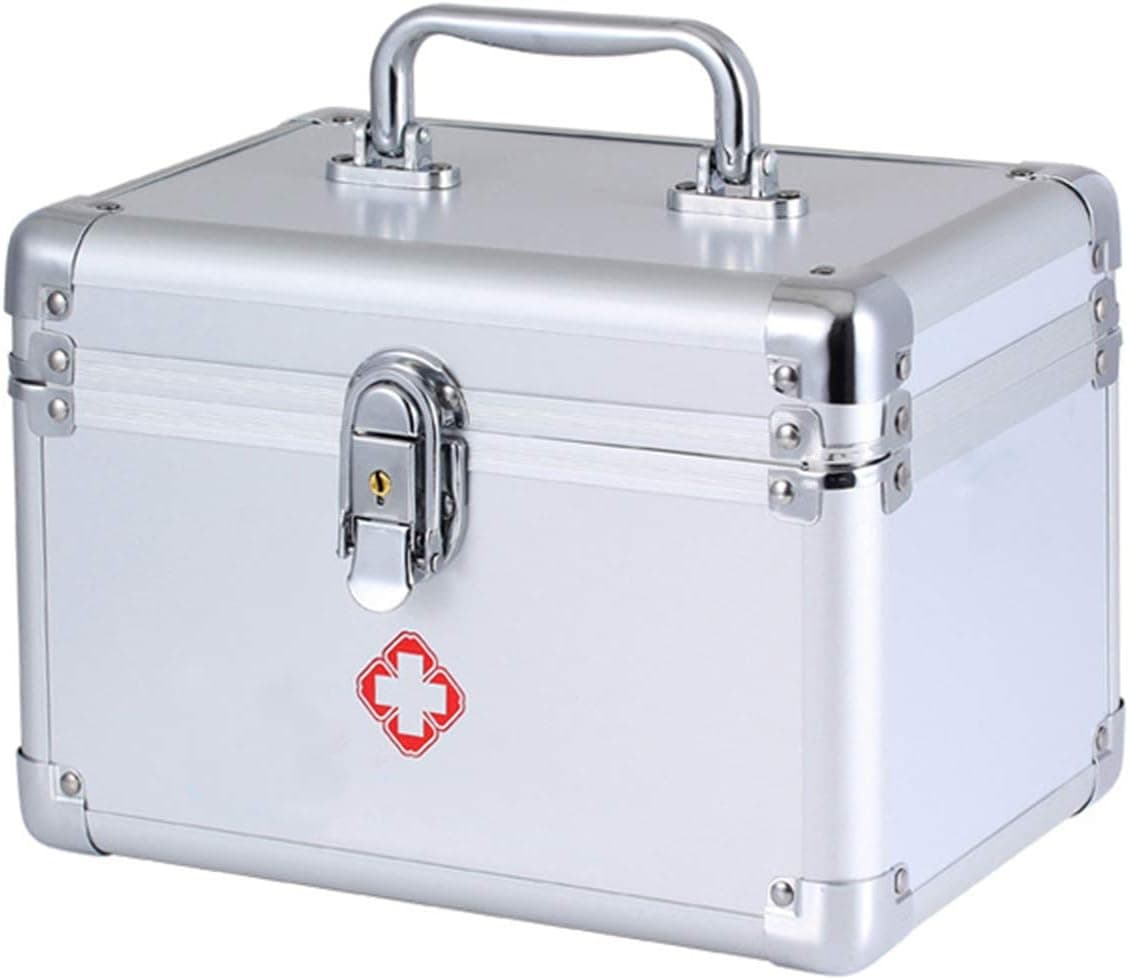 KDC Medicine Storage Box-Lock Medicine Cabinet-Compartments First Aid Box Medical Precription Storage Box 9.6 x 5.5 x 6.3 inches, Aluminum (Silver)