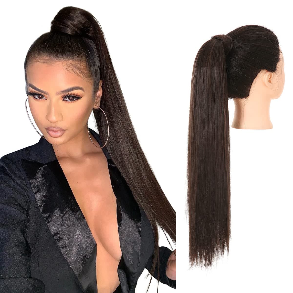SARLA Dark Brown Ponytail Hair Extension Long Straight Wrap Around Synthetic Hair Pieces 24 Inch for Women