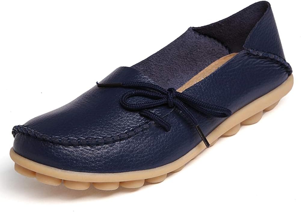 SHIBEVER Women's Leather Loafers Moccasins Wild Driving Casual Flats Oxfords Breathable Shoes Dark Blue 8