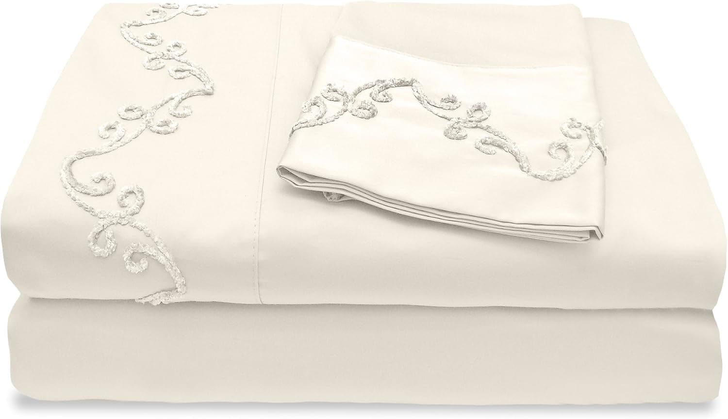 Veratex The Chenille Scroll Collection 100% Egyptian Cotton Sateen 1200 Thread Count Full Size Sheet Set with Elegant Stitch Hem Design, Ivory