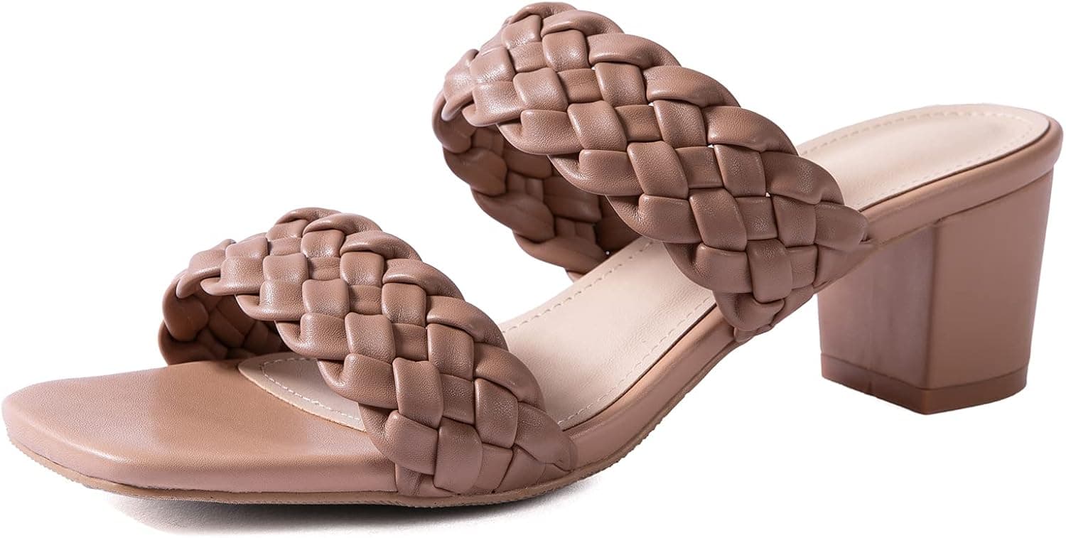 N.N.G Women Heels Sandals Woven Chunky Heels Braided Nude Square Toes Leather Comfortable Strappy Dress Casual Pumps Mules Sandals
