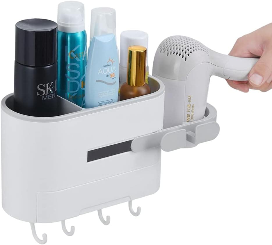 Safmord Hair Dryer Holder Wall Mounted - Hair Dryer Organizer Compatible with Most Hair Dryers, Self Adhesive Hair Dryer Holder Have Bathroom Storage, Drawer, Hair Dryer Plug Holder and 4 Hooks