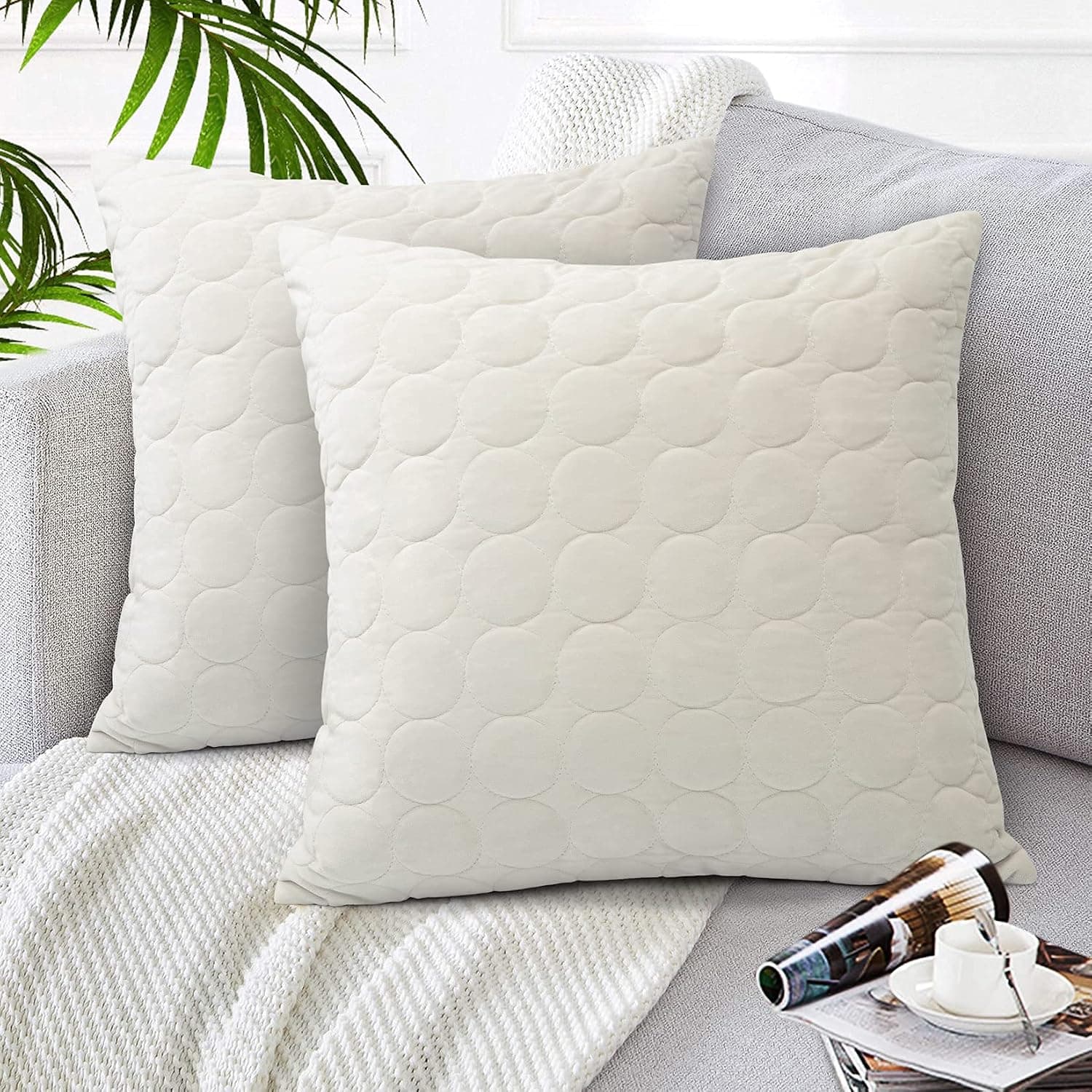 CAROMIO Quilted Pillow Covers Creamy Velvet Square Throw Pillow Cover Decorative Pillows with Cushion Luxury Soft Pillows Case Home Decor for Sofa Couch Bed Chair, 18x18 Inch, Pack of 2