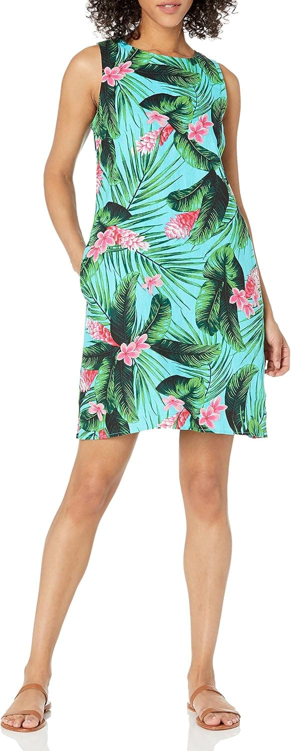 28 Palms Women's 100% Linen Tropical Print Sleeveless Shift Dress with Pockets