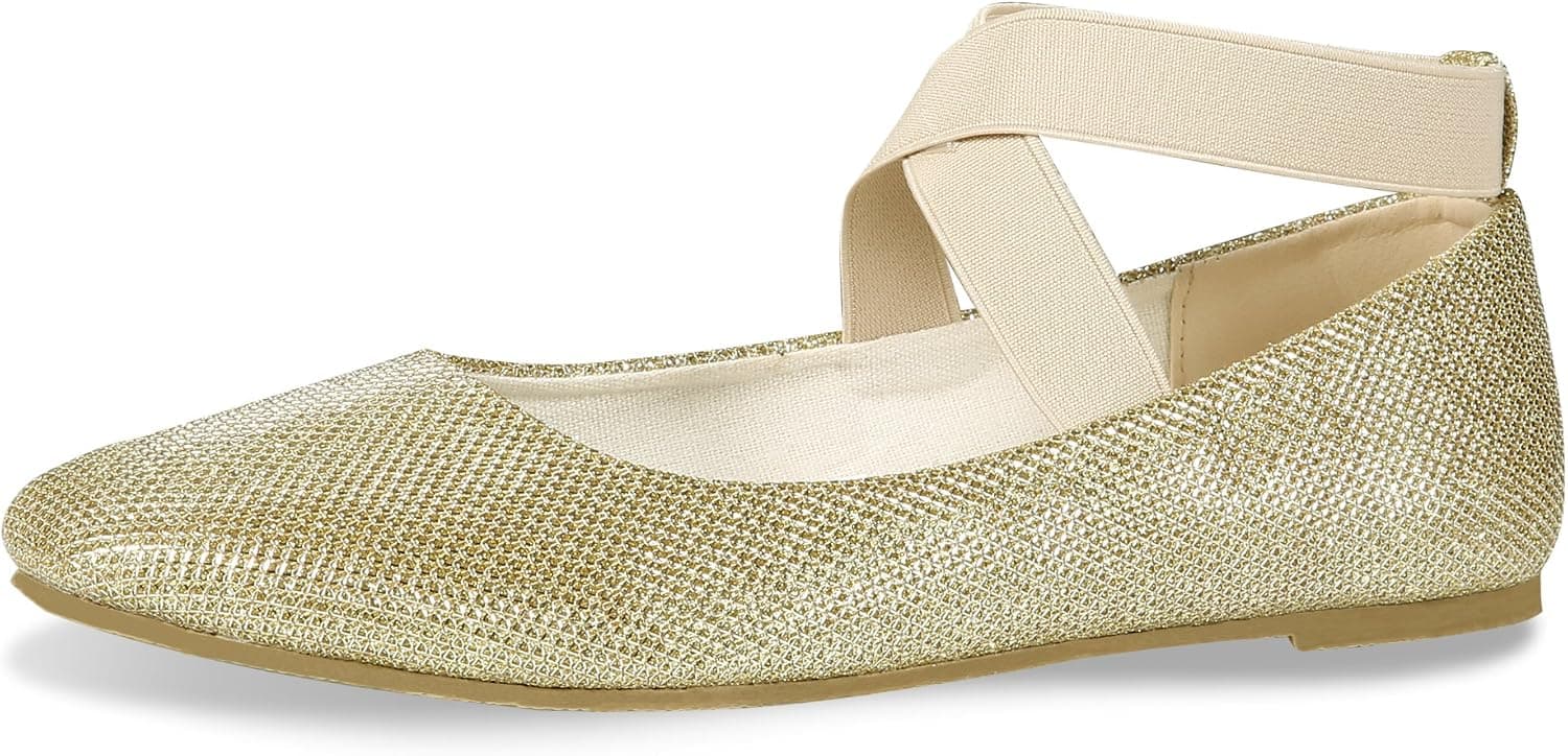 CINAK Women's Ballet Flats- Comfortable Classic Shoes Ballerina Walking Elastic Crossing Straps Gold