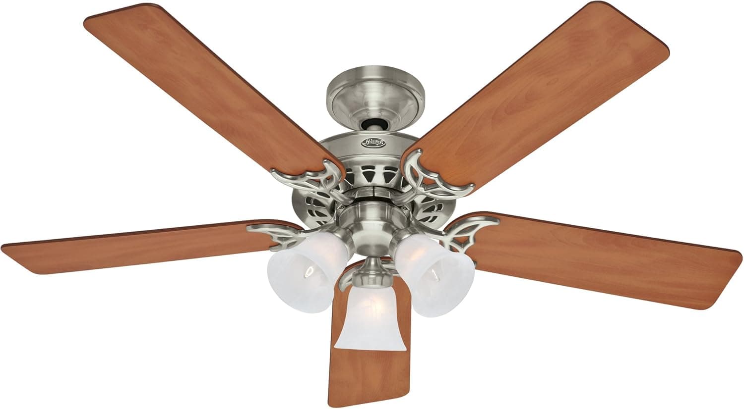 Hunter 26406 Architect Series Plus 52-Inch 5-Blade3-Light Ceiling Fan, Brushed Nickel with Chestnut/Maple Blades and Frosted Scalloped Glass Shades
