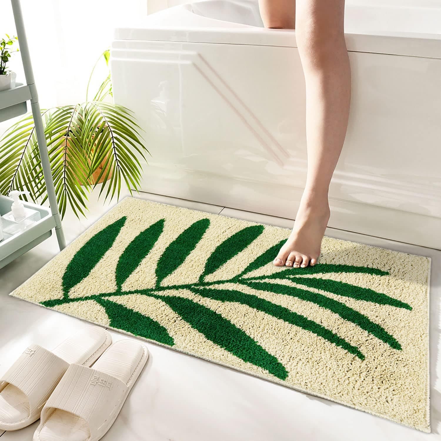 Hi Space Bath Mat Non Slip Soft Bath Rugs Green Leaf Rug Machine Washable Bathtub Mat Water Absorbant Plush Shaggy Bath Carpet Thick Bath Mats for Bathroom Floor Microfiber Doormat 20"x31.5"(50×80cm)