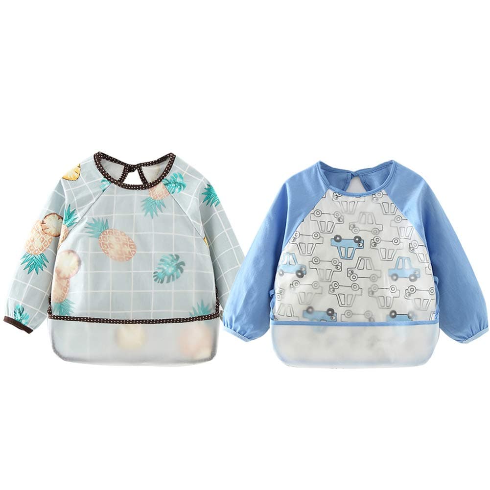 Happy Cherry Kids Smock Long Sleeved Lightweight Bibs Eating Washable Bib Painting Art Apron Comfortable Printed Cartoon Smocks with Adjustable Drawstring 1-2T 2 Pack