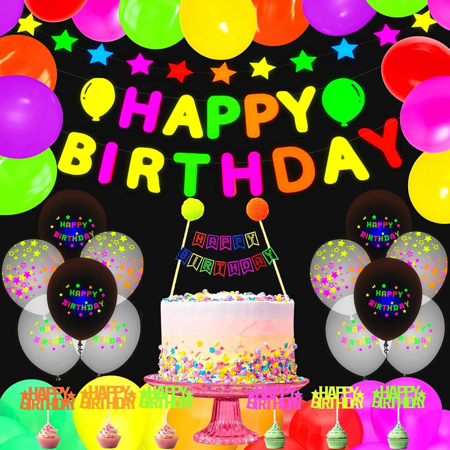 77 Pieces Glow Neon Birthday Party Supply Decorations, Include Happy Birthday Balloons Glow in the Dark Birthday Banner and Cake Topper for Glow Birthday Theme Supplies - Under UV Blacklight Reactive