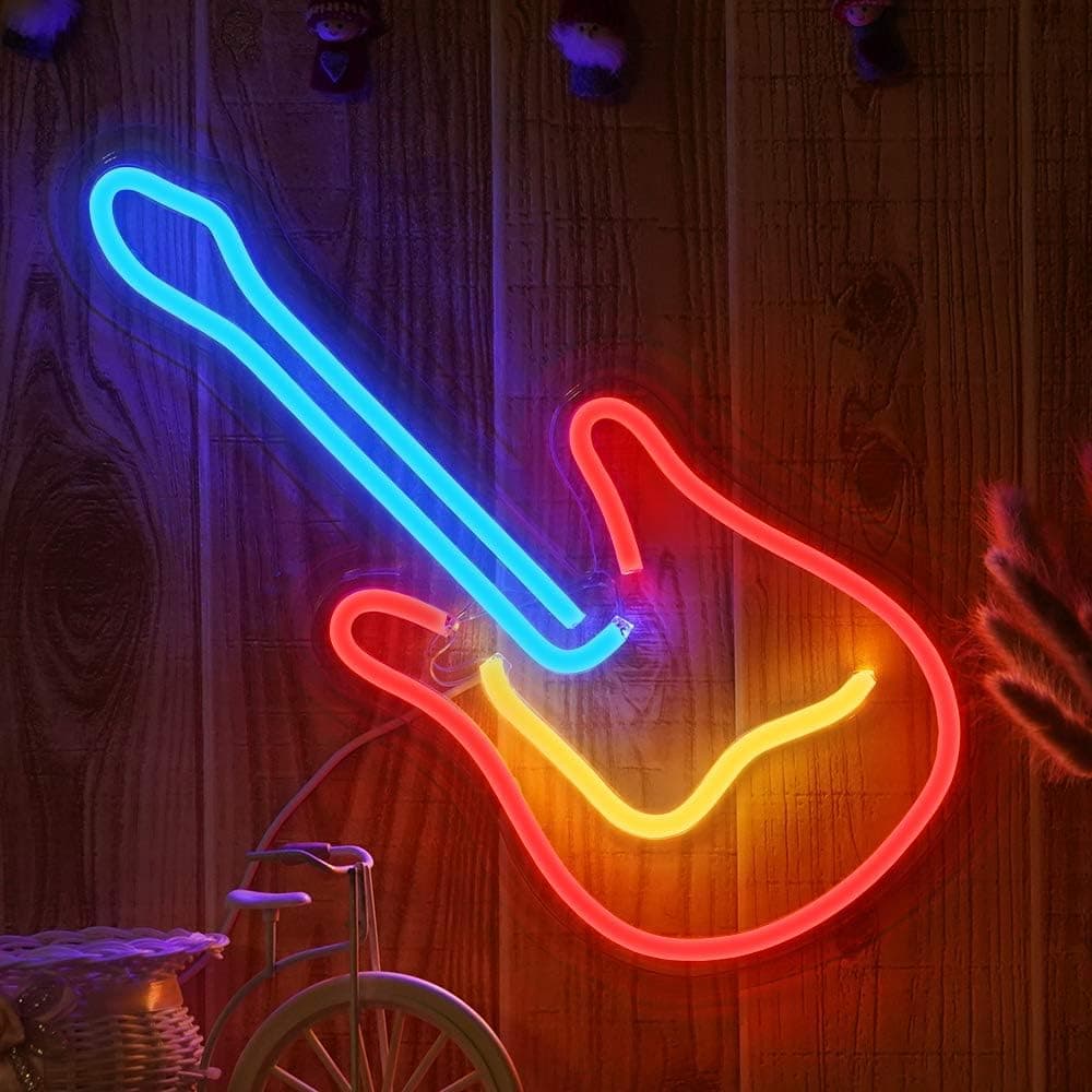 3D Neon Guitar Light LED Light Sign 16' Decorative Wall Decor Light Art Neon Sign for Home Decoration, House Bar Pub Hotel Beach Recreational, Christmas Operated by USB