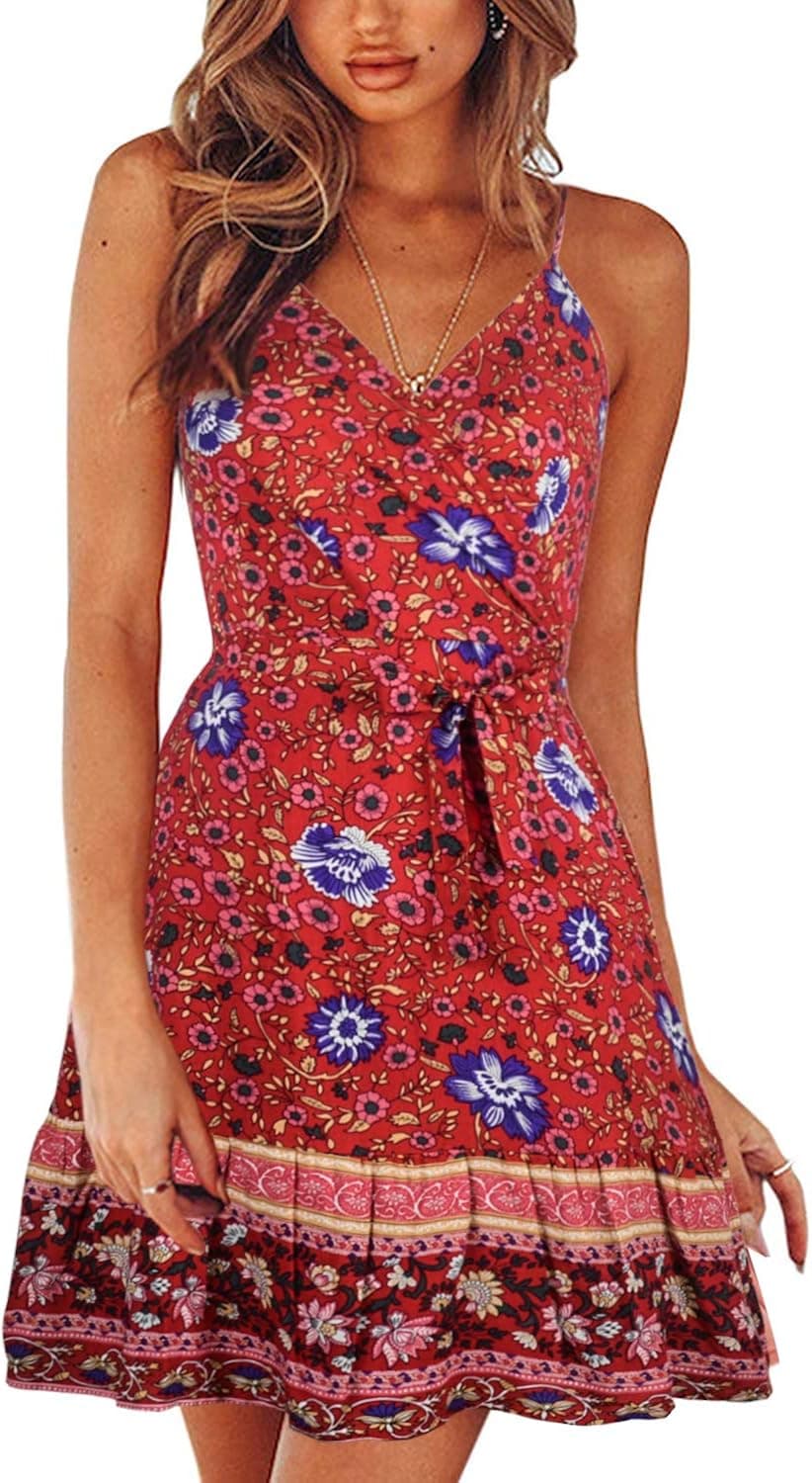 Womens Summer Floral Spaghetti Strap Wrap Beach Mini Boho Dresses Sundress