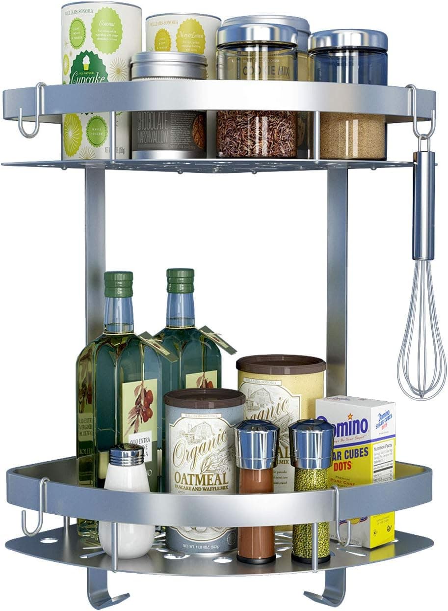 Convallaria 2 Tier Bathroom Shower Shelf (No Drlling) Triangle Wall Shower Caddy with Six Hooks, Self Adhesive with Glue or Wall Mount with Screws, Silver