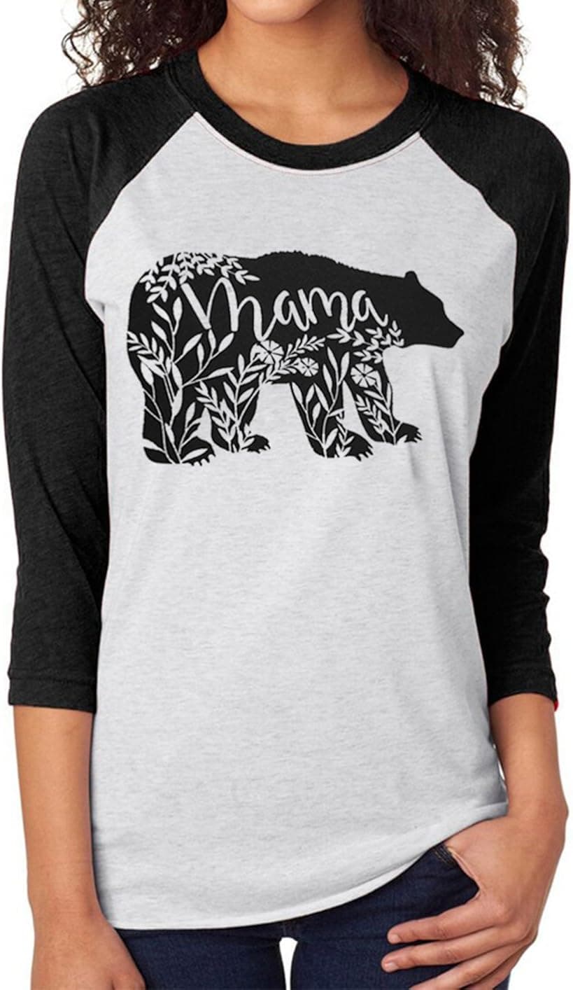 Women's 3/4 Sleeve Floral Mama Bear Print Comfy Casual T Shirt Blouse for Women