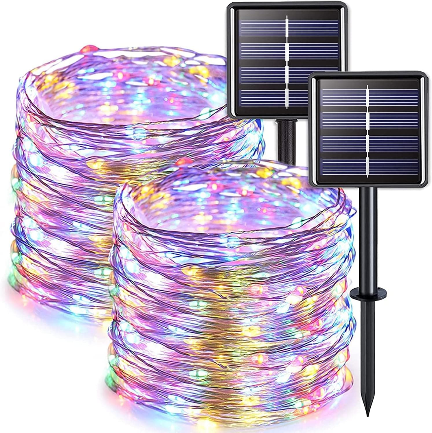 JMEXSUSS 2 Pack Solar String Lights Outdoor Waterproof, 33ft 100 LED Multicolor Solar Christmas Lights, 8 Modes Copper Wire Mini Solar Fairy Lights for Patio Garden Party Wedding Christmas Decorations