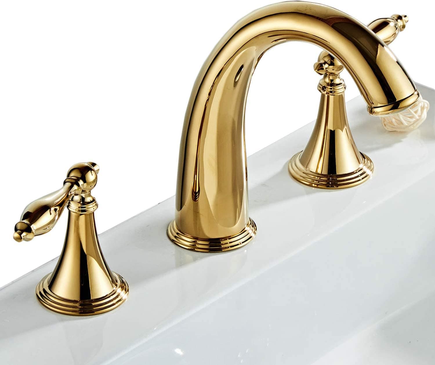 Best Gold Solid Brass Widespread Bathroom Faucet 3 Hole Two Handle Deck Mounted Faucet High Arc Lavatory Sink Taps with Ceramic Valve and 2 Hoses