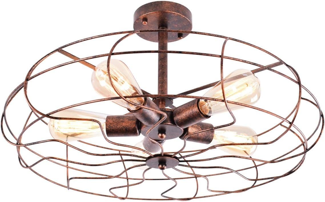 Lingkai Retro Industrial Vintage Ceiling Light Semi Flush Mount Close to Ceiling Light 5-Light Rust Chandelier Hallway Foyer Pendant Light Fixture